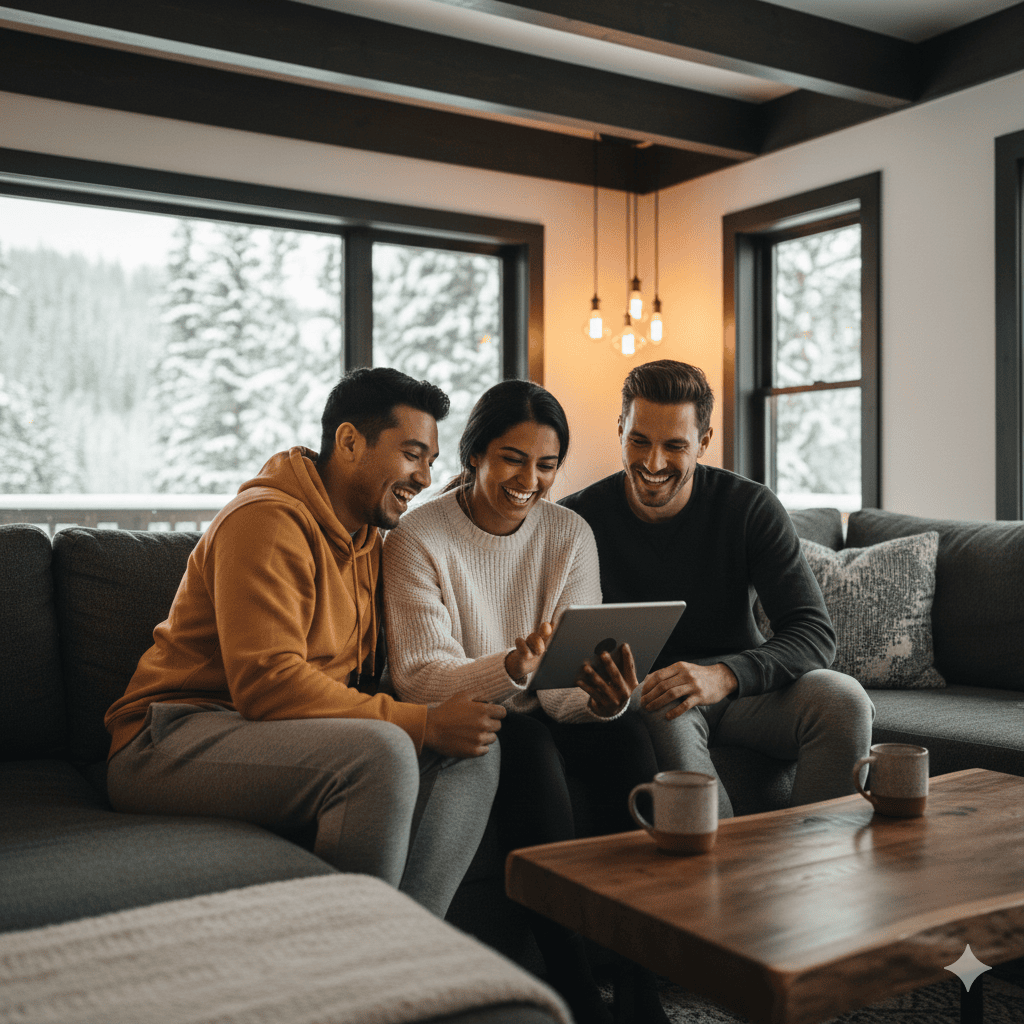 Roommates in a cozy mountain apartment looking at a tablet together