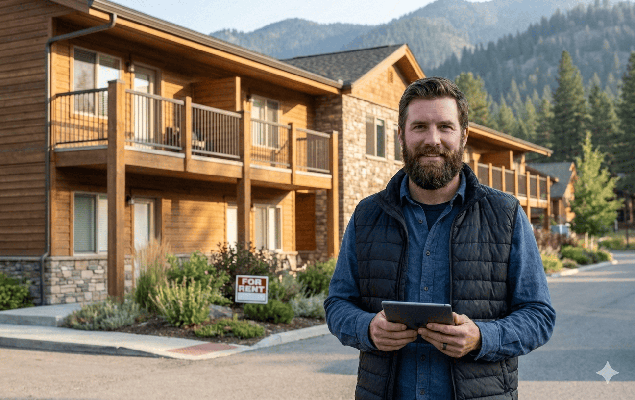 Professional landlord standing outside a well-maintained apartment building